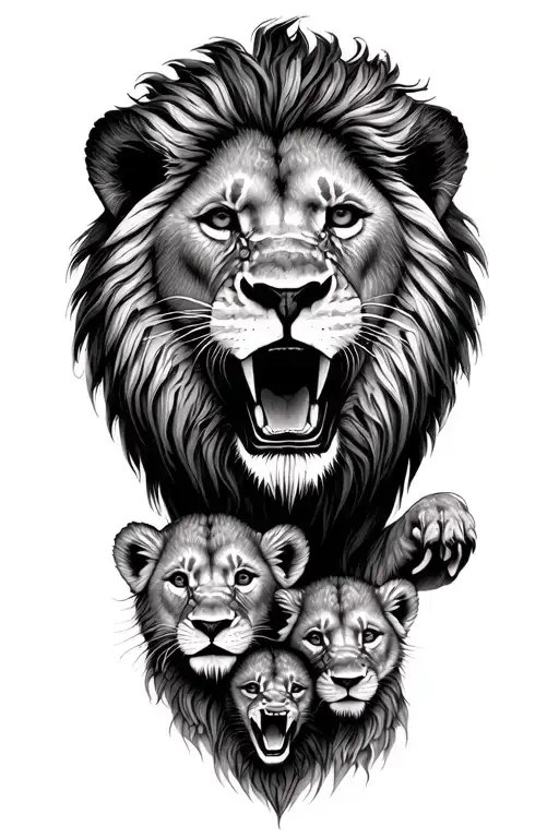 lion roaring lion's head with 3 cubs face only tattoo design idea