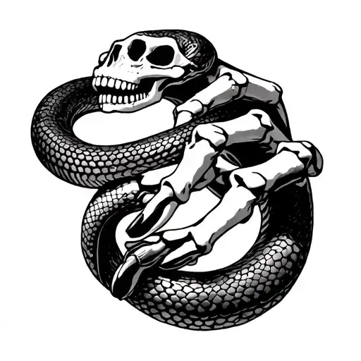 Skeleton hand with snake wrapped on fingers tattoo design idea