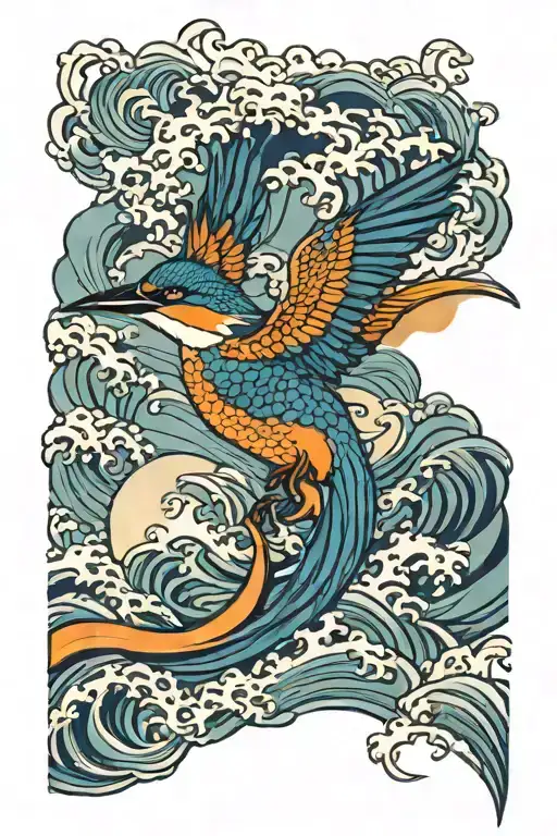kingfisher bird with ocean wave behind it tattoo design idea
