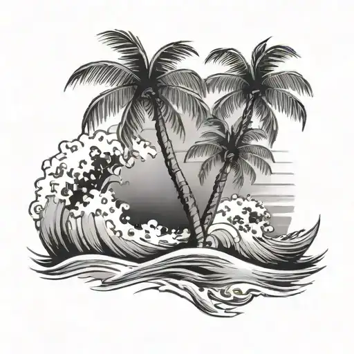 palm trees and waves tattoo design idea