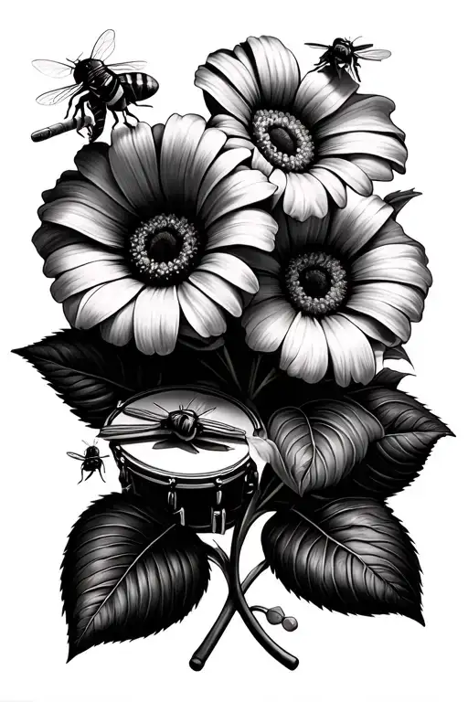 Create a tattoo with daisy and sweet pee flowers and morning glory and include drum sticks and a bee realistic tattoo design idea