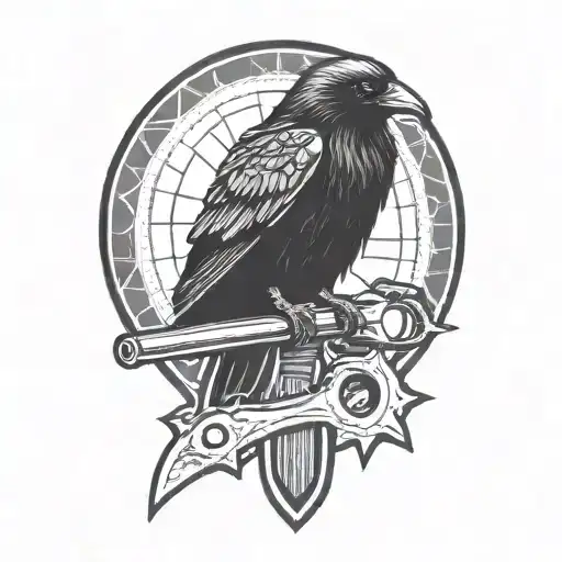 raven perched mechanics wrench tattoo design idea