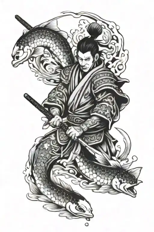 Samurai warrior with koi fish swimming upstream tattoo design idea