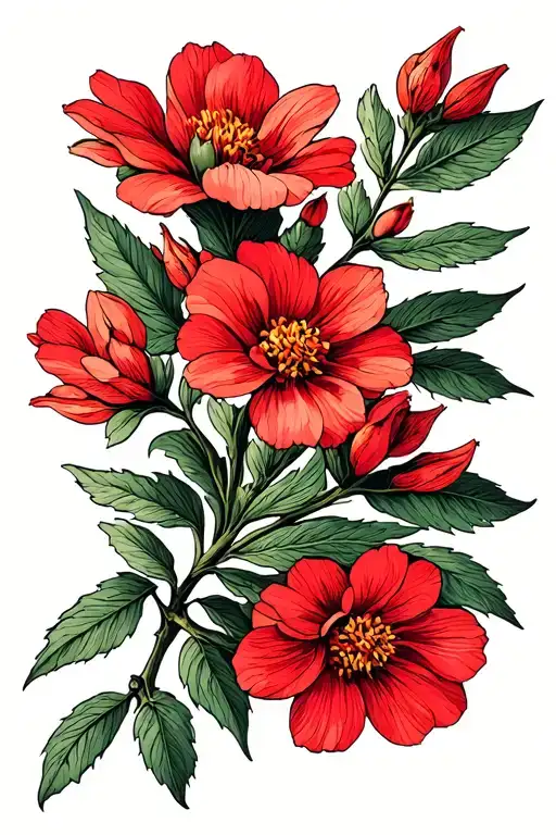 A realistic or illustrative Chaconia flower with delicate red coloration. Instead of a solid stem or petals, the tattoo tattoo design idea