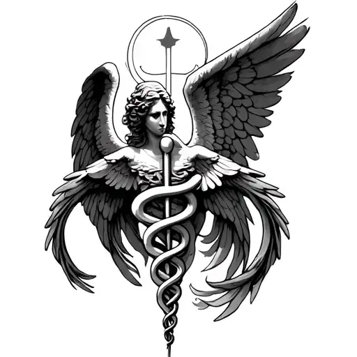weeping angel and caduceus symbol combined together tattoo design idea