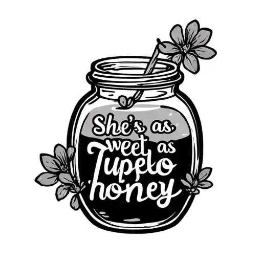 words "she's as sweet as Tupelo honey" circling a honey jar tattoo design idea