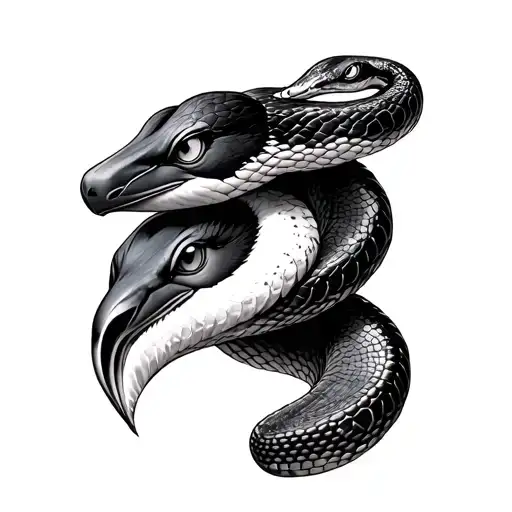 a 3 headed snake but one head is a human head and one head is a pinguin head and one head is a snake head  tattoo design idea