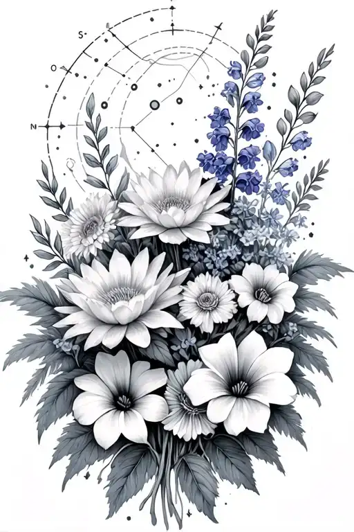 Leo and Virgo constellations, bouquet of asters, delphinium, water lilies and morning glory flowers tattoo design idea