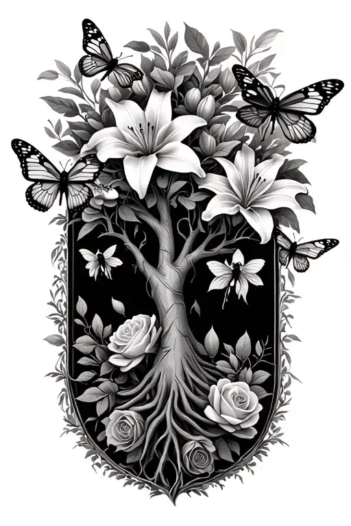 tree of life growing lillies, roses with butterflies, bees, and dragonfly tattoo design idea
