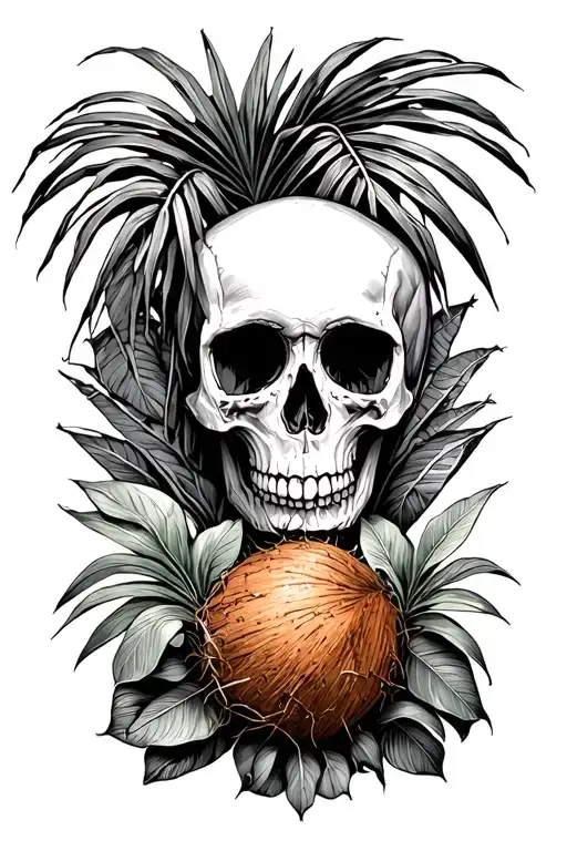 philodendron palm, coconut palm and a small skull tattoo design idea