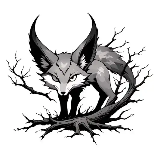 nine tailed fox but in the shape of a dead tree tattoo design idea