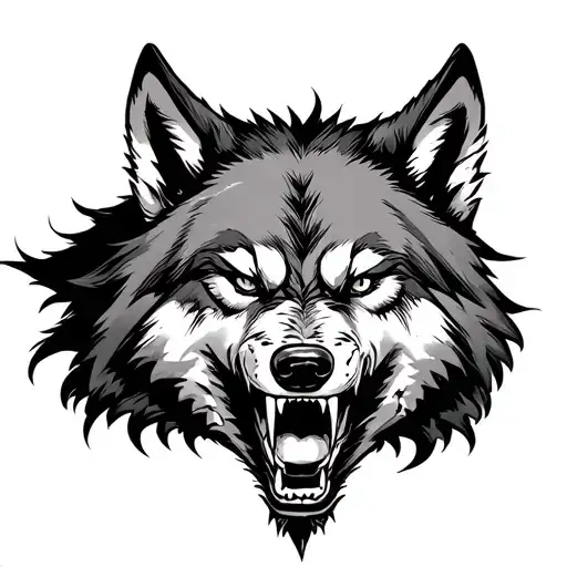 A fearsome, high-detail tattoo of a massive, snarling wolf with piercing eyes, its powerful fangs crushing a separate hu tattoo design idea