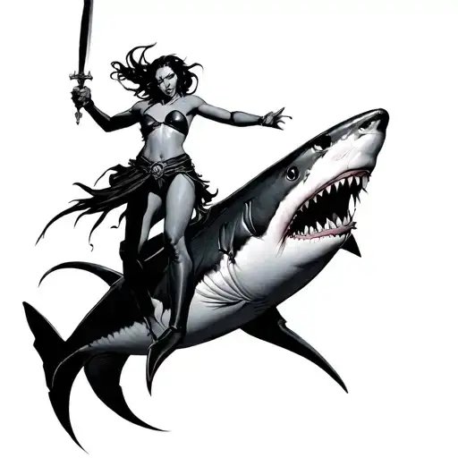 a lineage2 female dark elf abyss walker with dagger dancing on a shark tattoo design idea