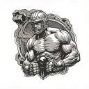 A fierce UFC fighter in a dramatic pose, with a coal miner helmet on, symbolizing strength and resilience tattoo design idea