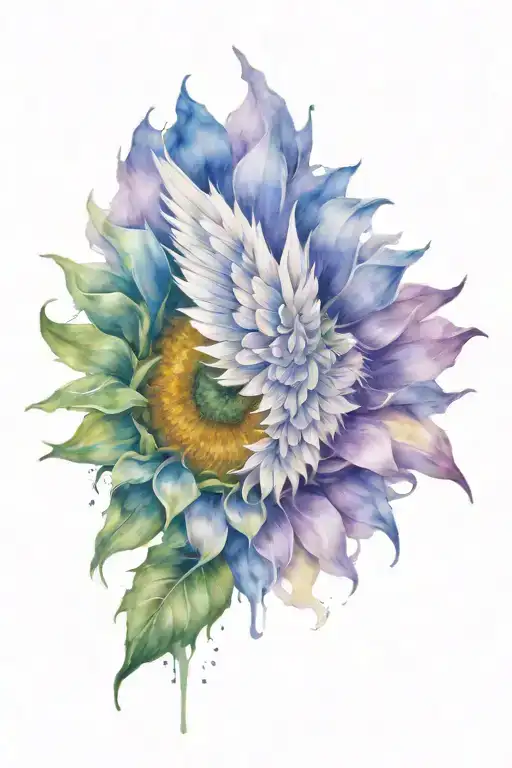 single sunflower watercolor tattoo with one falling angel-wing  tattoo design idea