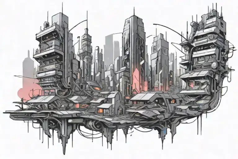 (futuristic illustration), Cyberpunk Fairy Tales, vibrant neon colors, blending technology and magic, urban cityscape, g tattoo design idea