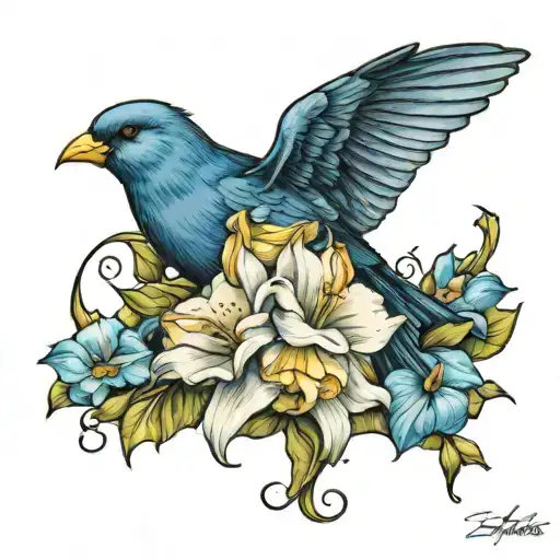 daffodil and morning glory flower with three birds tattoo design idea