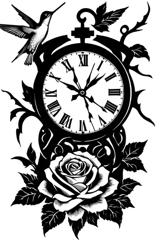 broken clock with hummingbird and rose tattoo design idea