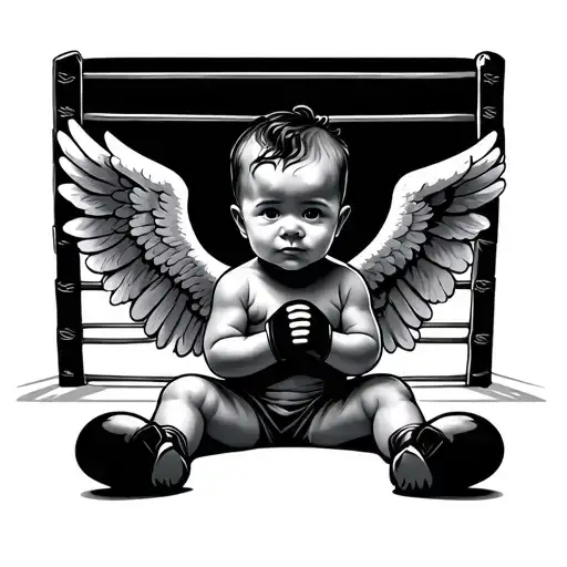 A baby gaurdian angel, sitting in a boxing ring after getting beaten up between rounds, symbolizing my guardian angel tattoo design idea