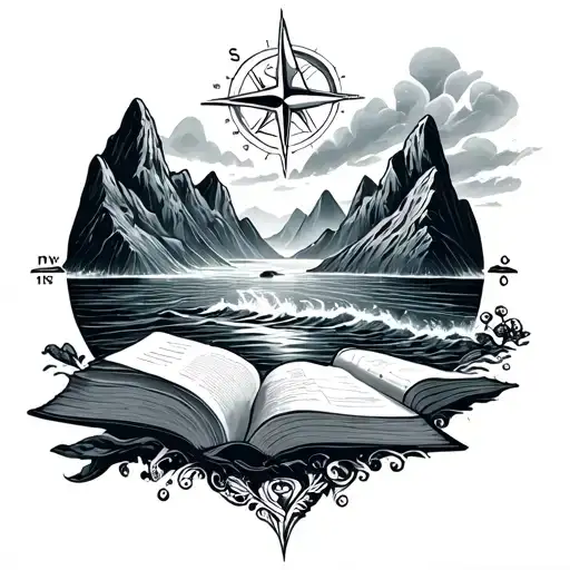 books, mountains, waterfalls, ocean waves forming, and a compass rose tattoo design idea