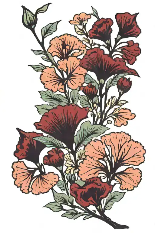 ginkgo leaves and burgundy carnations tattoo design idea