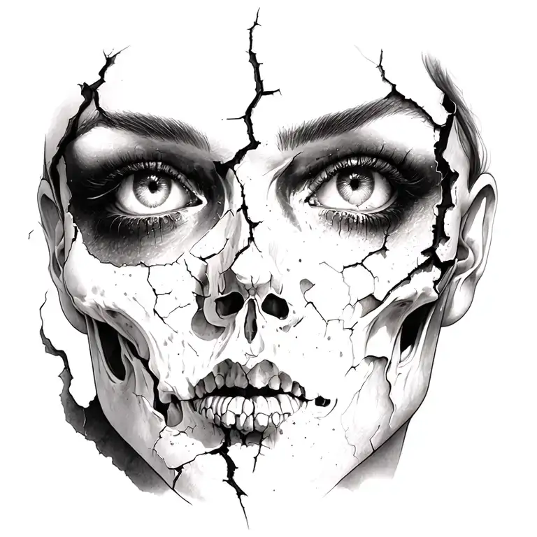 Realistic full chest tattoo featuring a cracked female face merging with a skull, dark horror style, black and grey real tattoo design idea