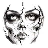 Realistic full chest tattoo featuring a cracked female face merging with a skull, dark horror style, black and grey real tattoo design idea