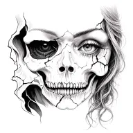 Realistic full chest tattoo featuring a cracked female face merging with a skull, dark horror style, black and grey real tattoo design idea