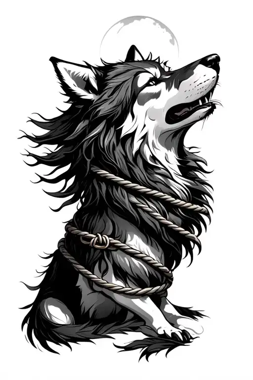 Female wolf with huge breasts. Long hair. Lovely smile. Tied with ropes Shibari style. Howling at the moon, tattoo design idea