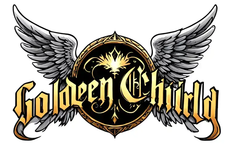 chest tattoo that is wings and has golden child written on the top of it  tattoo design idea