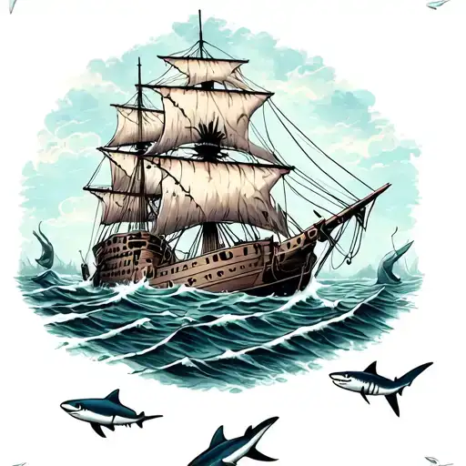sunken sail ship on bottom of the sea with sharks swimming tattoo design idea