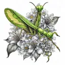 praying mantis surrounded by flowers tattoo design idea