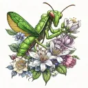 praying mantis surrounded by flowers tattoo design idea