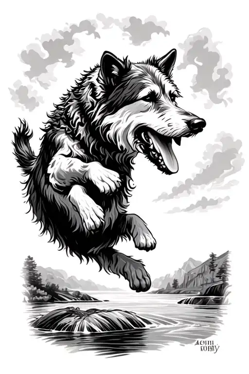 Irish wolfhound leaping over river scene tattoo design idea