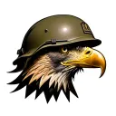 A striking design featuring a US Army Infantry helmet seamlessly merging with the powerful image of a majestic bald eagl tattoo design idea