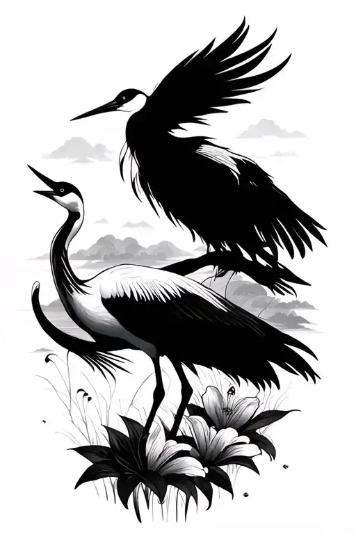 asian style cranes and in field of lillie's  tattoo design idea