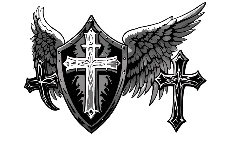a cross in the center of a shield, surrounded by four other crosses huge angel wings spread behind  tattoo design idea