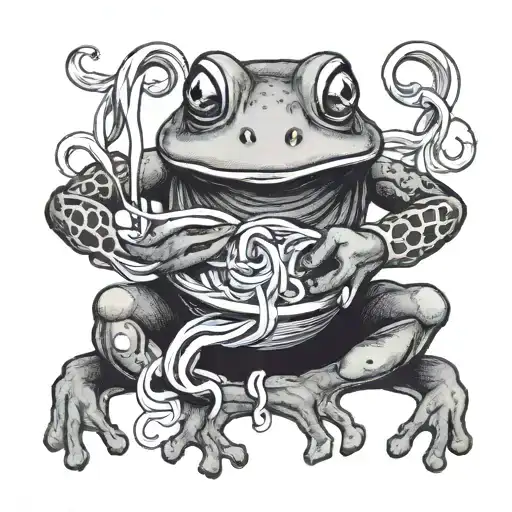 a frog eating noodles like a human wearing clothes tattoo design idea