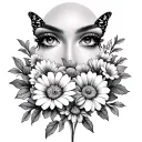 two eyes surrounded by flowers with 2 butterfly tattoo design idea