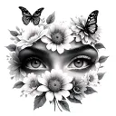 two eyes surrounded by flowers with 2 butterfly tattoo design idea