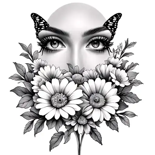 two eyes surrounded by flowers with 2 butterfly tattoo design idea