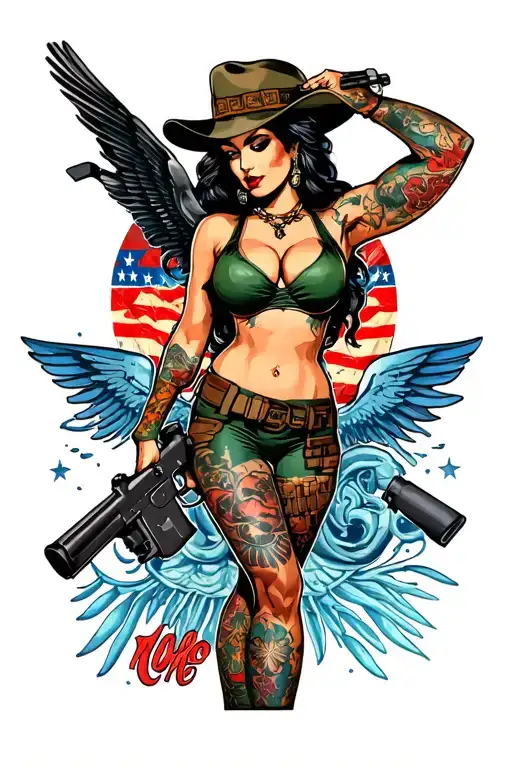 Sexy pin up girl, side profile, full body view, standing, petite, large boobs, Army tattoo design idea