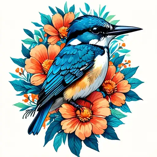 belted Kingfisher flowers surrounding tattoo design idea