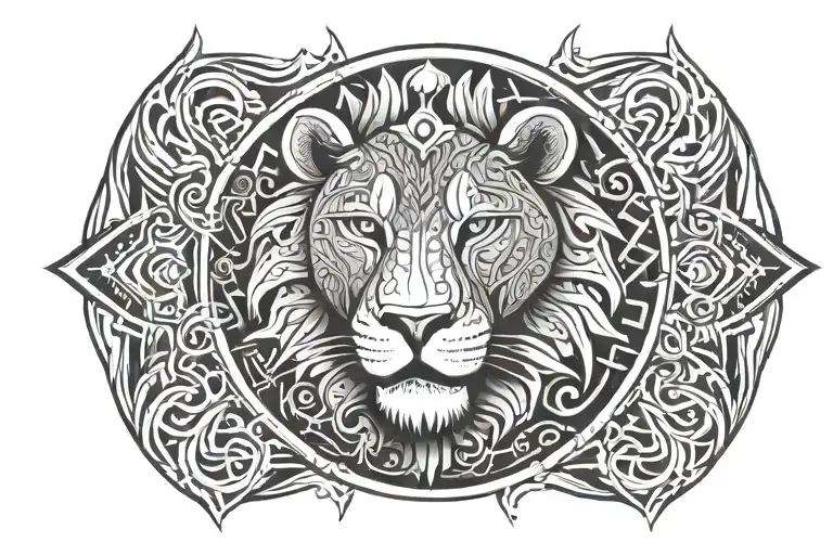 polynesian style with lion wearing manta ray crown with two hammer head shark swimming below tattoo design idea