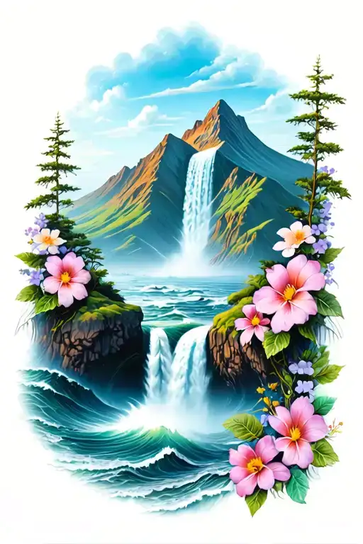 mountain with waterfall becoming ocean below with waves. flowers along the sides.  tattoo design idea