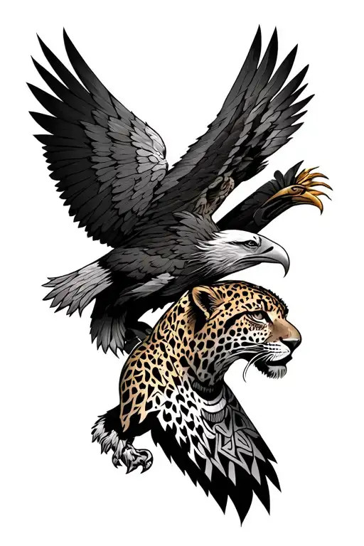 aztec theme sleeve tattoo featuring leopard and eagles tattoo design idea