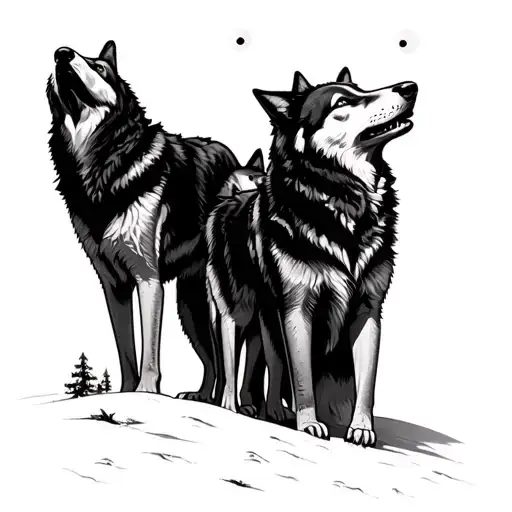 family of three males and two females wolves howling at the moon tattoo design idea
