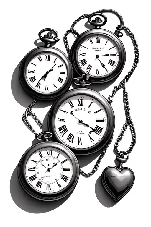 3 round pocket watches with roman numeral face and 1 heart shaped pocket watch with roman numeral face tattoo design idea