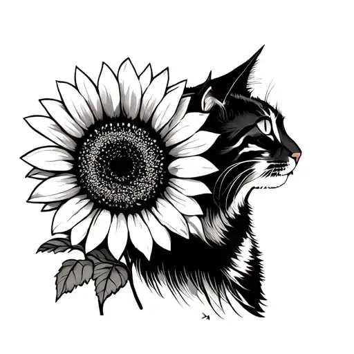 against the background of the flourishing sunflower and the cat in the profile on the side tattoo design idea