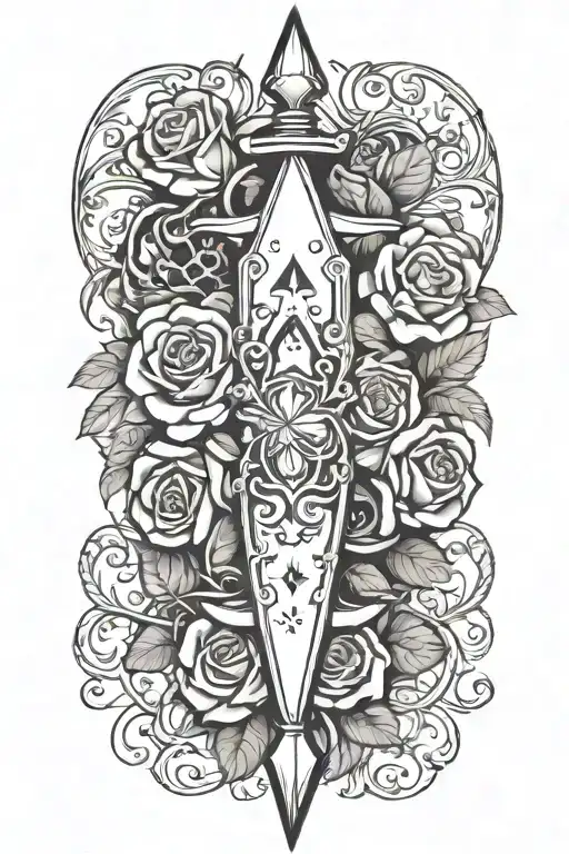 A dagger piercing through a rose, with playing card suits (hearts, spades, etc.) etched onto the blade. The design could tattoo design idea